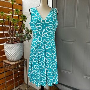 Anne Klein V-neck Sleeveless Pleated Fit & Flare Teal White Paisley Dress Sz 10
